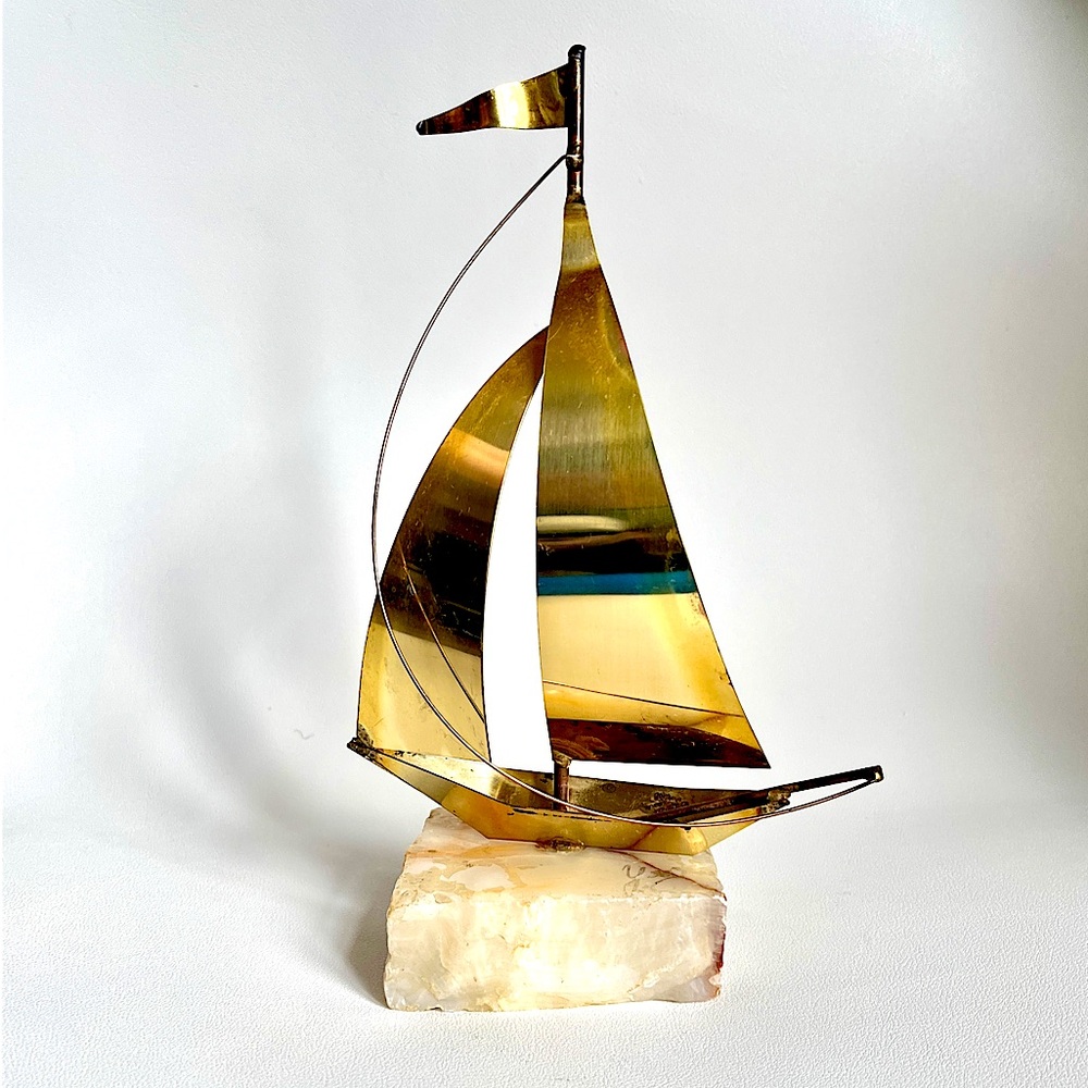MCM Brass Sailboat Sculpture Nautical Statue Sailing Art Onyx California Yosi